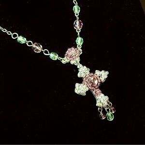 Karen Landon Silver Cross Pendant Necklace Long Amethyst Tourmaline Pearl 30”